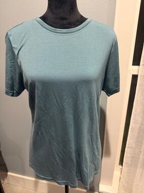 Karen Scott Short Sleeve Detail Crewneck TeeTeal Blue 100% Tencel Made in India